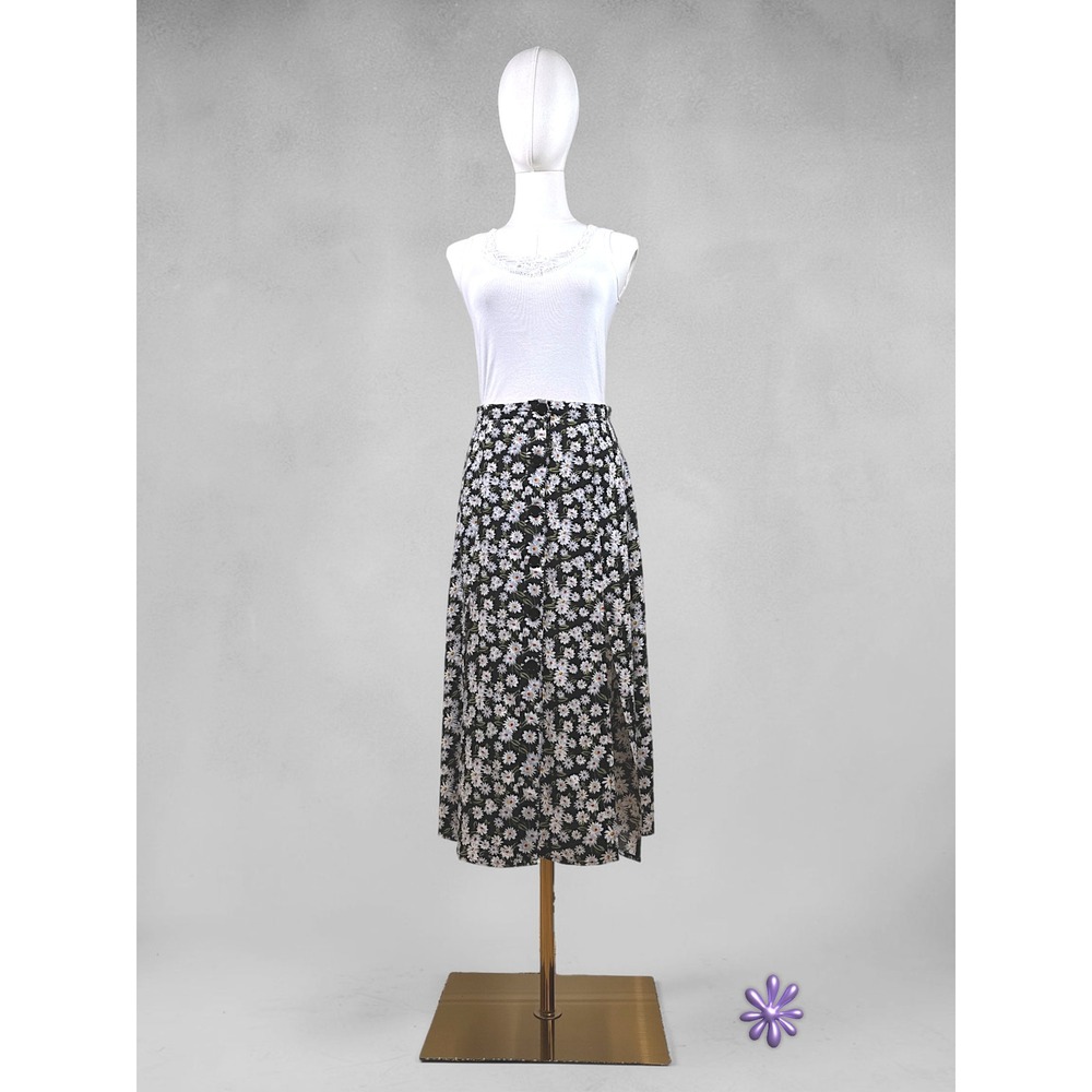 LE LIS Black Daisy Floral Midi Skirt Small Button Front A-Line Lined Cottagecore